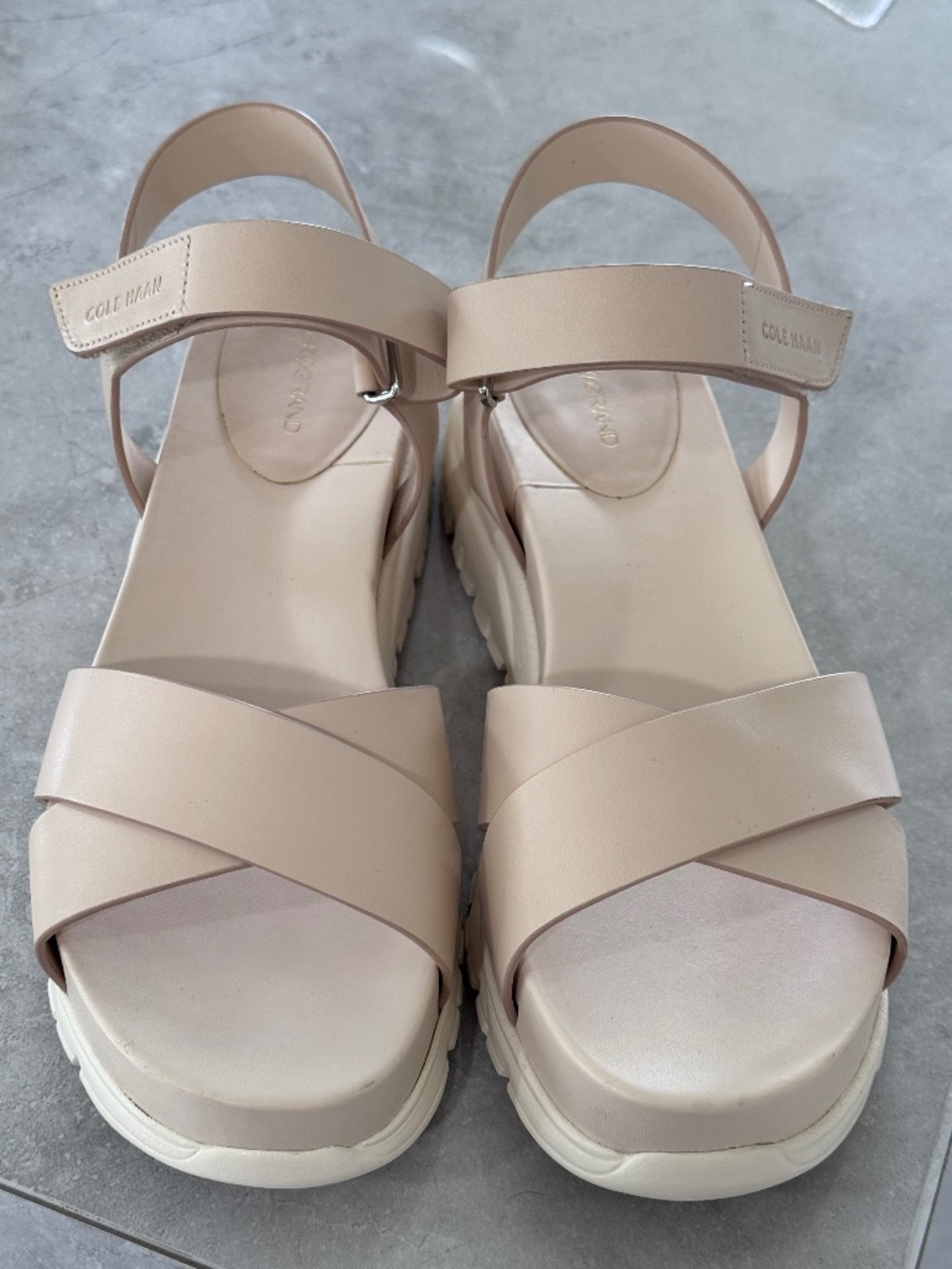 Cole Haan Zerogrand Ivory Leather Strappy Platform Sandals